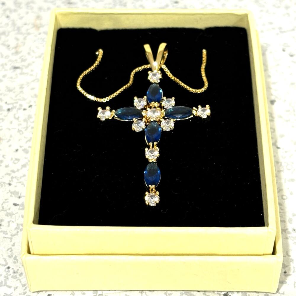 Delicate blue & white crystal cross pendant on goldtone chain religious jewelry